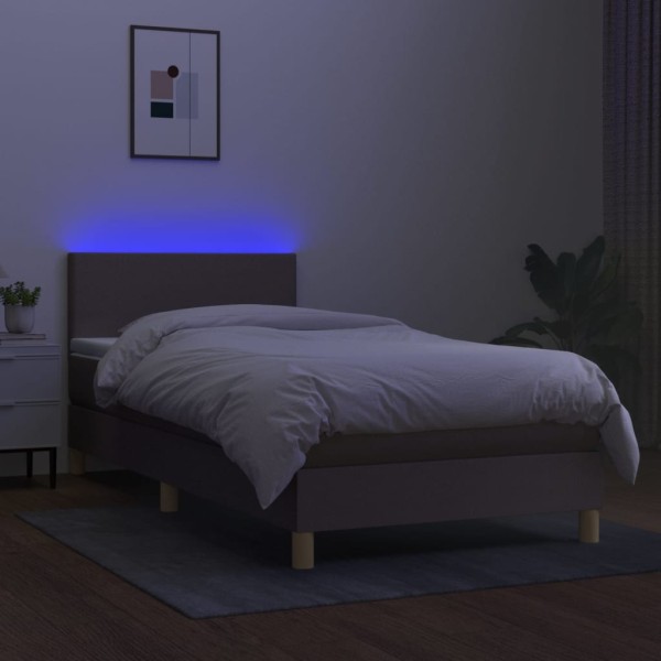 Cama box spring colchón y luces LED tela gris taupe 100x200 cm