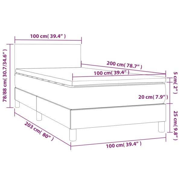 Cama box spring colchón y luces LED tela gris taupe 100x200 cm