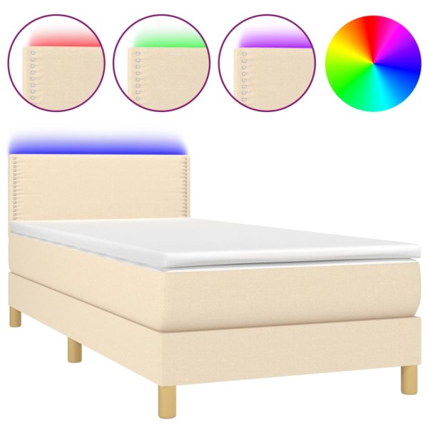 Cama box spring con colchón y LED tela crema 80x200 cm