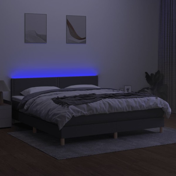 Cama box spring con colchón y LED tela gris oscuro 160x200 cm