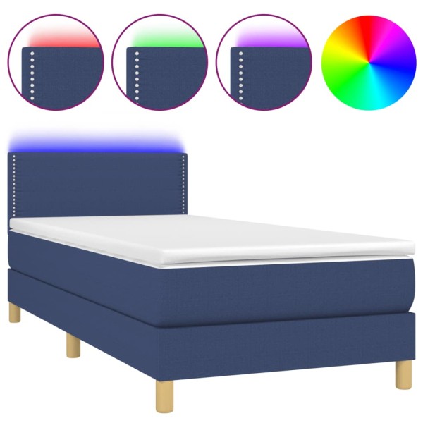 Cama box spring con colchón y LED tela azul 100x200 cm