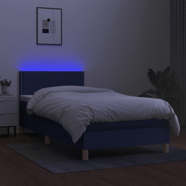 Cama box spring con colchón y LED tela azul 100x200 cm