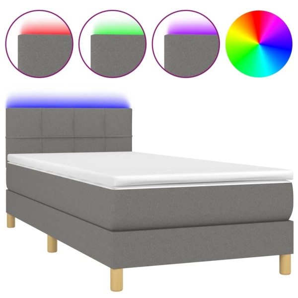 Cama box spring con colchón y LED tela gris oscuro 90x190 cm