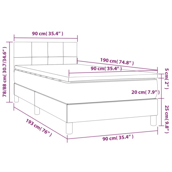 Cama box spring con colchón y LED tela gris oscuro 90x190 cm