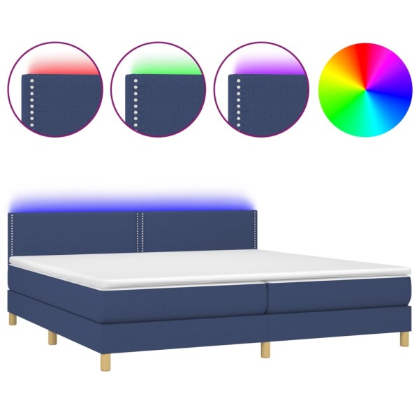 Cama box spring con colchón y LED tela azul 200x200 cm