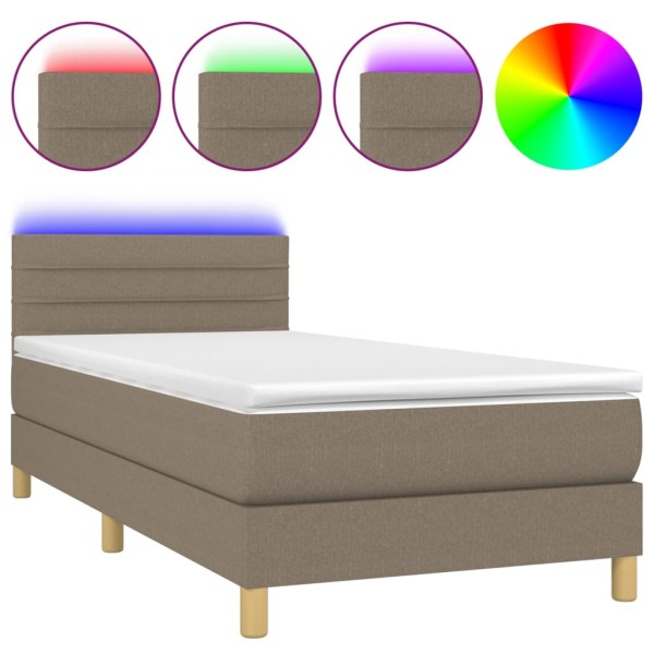 Cama box spring con colchón LED tela gris taupe 90x200 cm