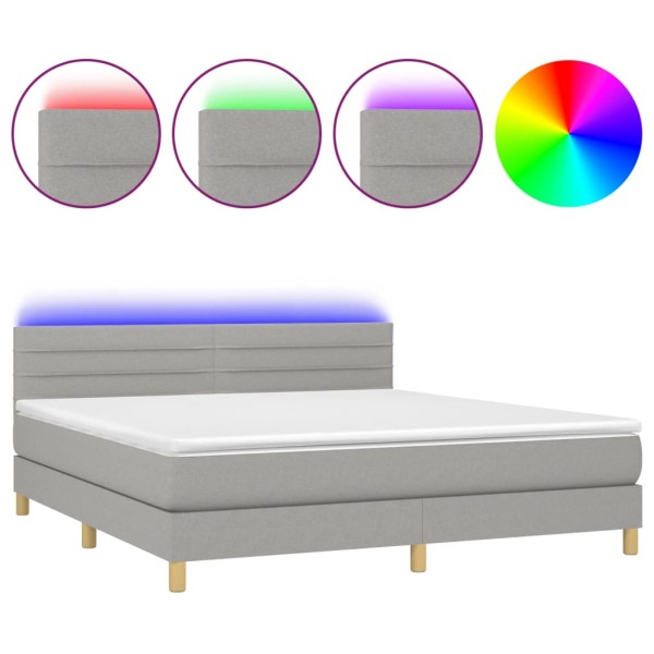 Cama box spring con colchón tela y LED gris claro 180x200 cm