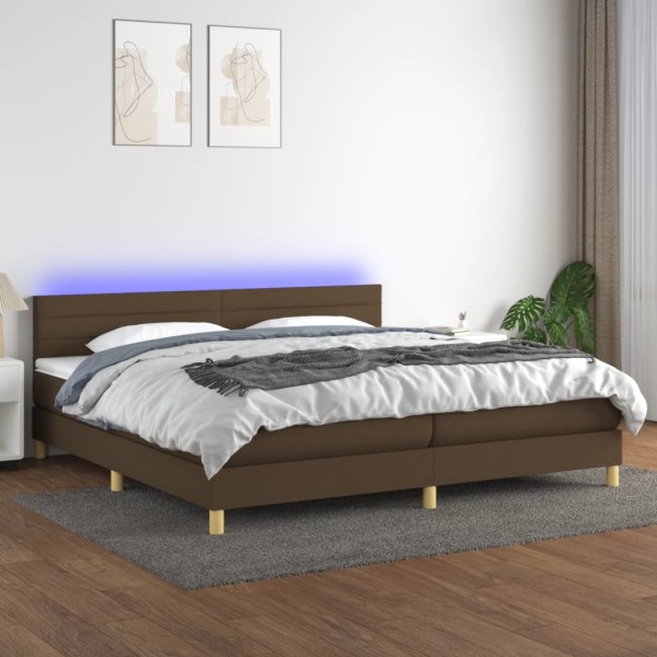 Cama box spring con colchón LED tela marrón oscuro 200x200 cm