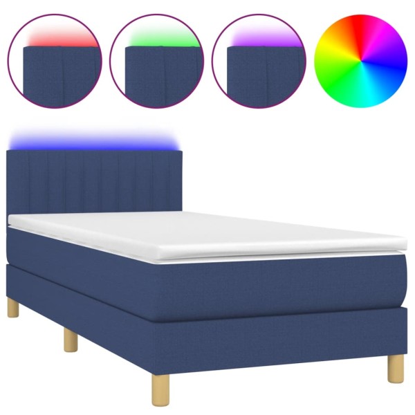 Cama box spring con colchón y LED tela azul 90x200 cm