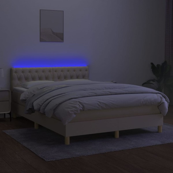 Cama box spring colchón y luces LED tela crema 140x190 cm