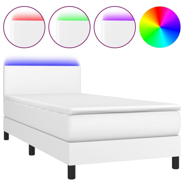 Cama box spring y colchón LED cuero sintético blanco 90x190 cm