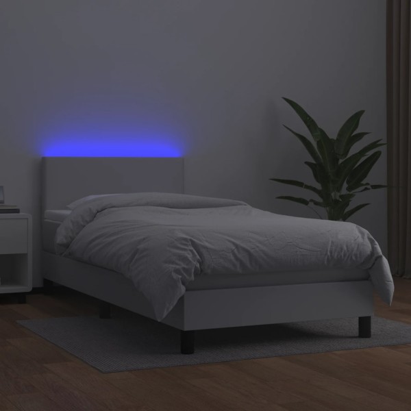 Cama box spring y colchón LED cuero sintético blanco 90x190 cm