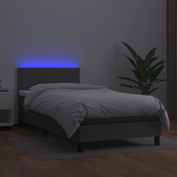 Cama box spring y colchón LED cuero sintético gris 80x200 cm