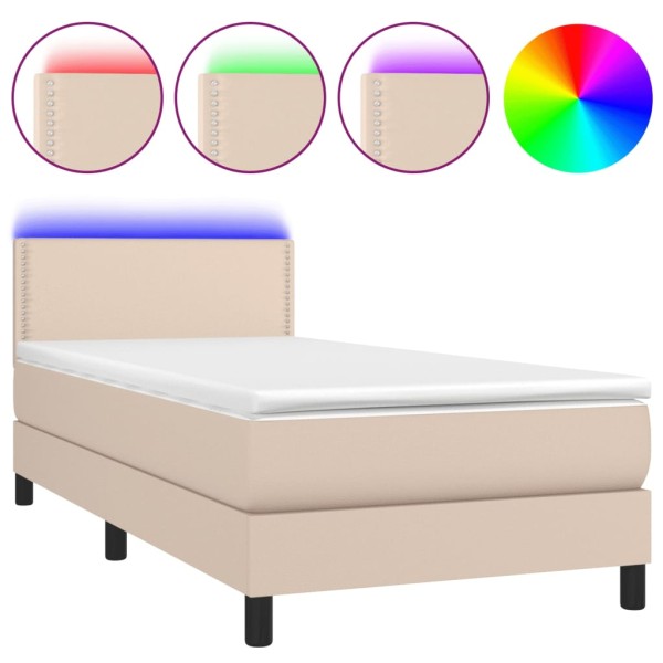 Cama box spring colchón LED cuero sintético capuchino 100x200cm