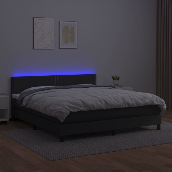 Cama box spring colchón y LED cuero sintético negro 160x200 cm