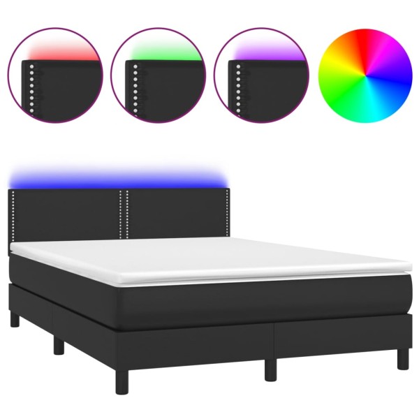 Cama box spring colchón y LED cuero sintético negro 140x190 cm