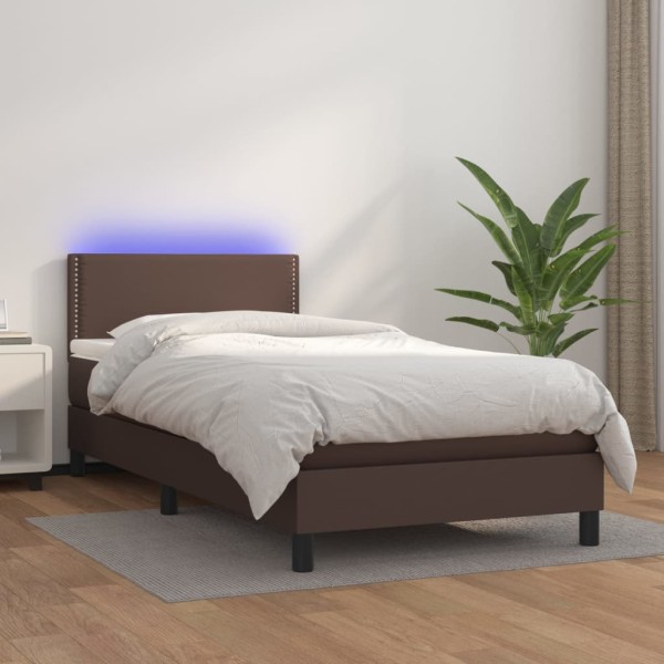 Cama box spring colchón y LED cuero sintético marrón 100x200 cm