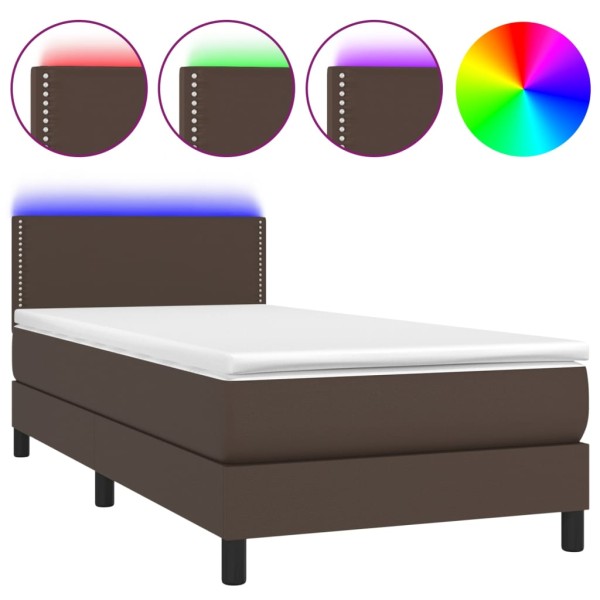 Cama box spring colchón y LED cuero sintético marrón 100x200 cm