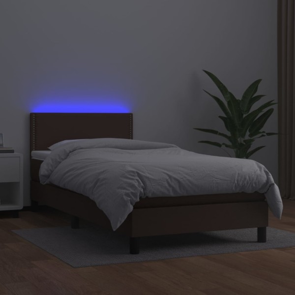 Cama box spring colchón y LED cuero sintético marrón 100x200 cm