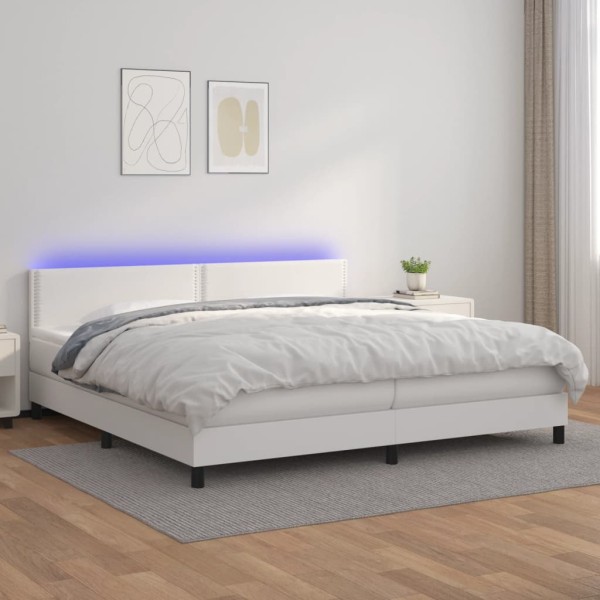 Cama box spring colchón y LED cuero sintético blanco 200x200 cm