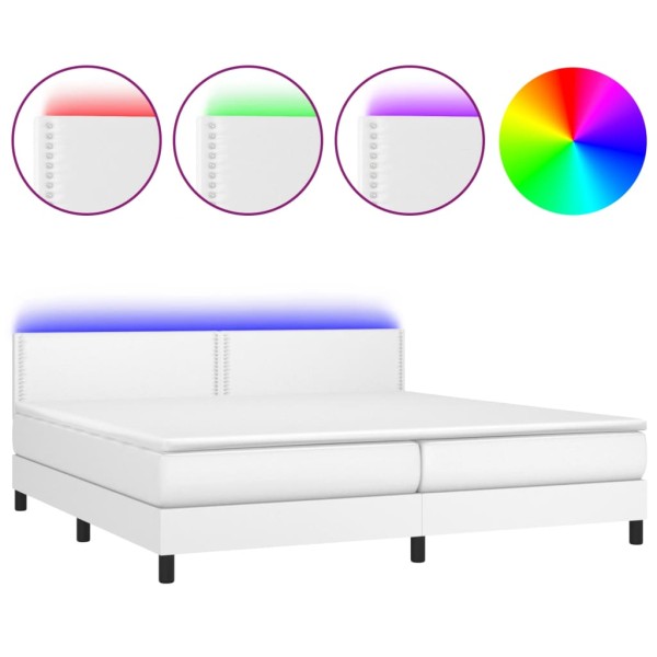 Cama box spring colchón y LED cuero sintético blanco 200x200 cm