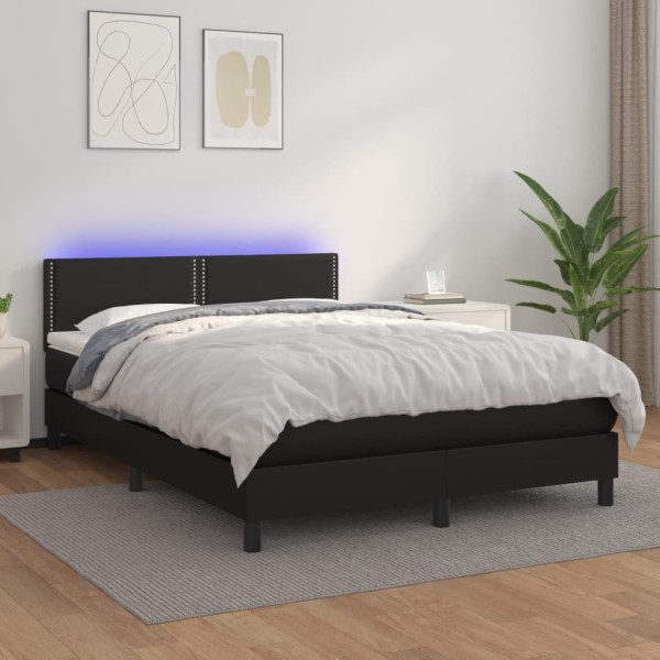 Cama box spring colchón y LED cuero sintético negro 140x200 cm