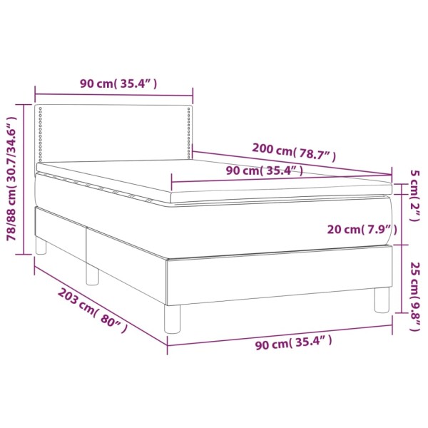 Cama box spring y colchón LED cuero sintético marrón 90x200 cm