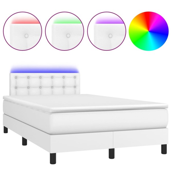 Cama box spring colchón y LED cuero sintético blanco 120x200 cm