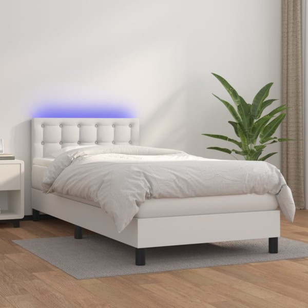 Cama box spring y colchón LED cuero sintético blanco 90x200 cm