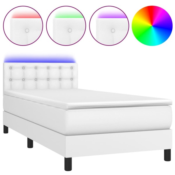 Cama box spring y colchón LED cuero sintético blanco 90x200 cm