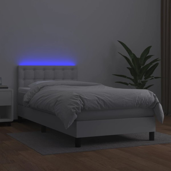 Cama box spring y colchón LED cuero sintético blanco 90x200 cm