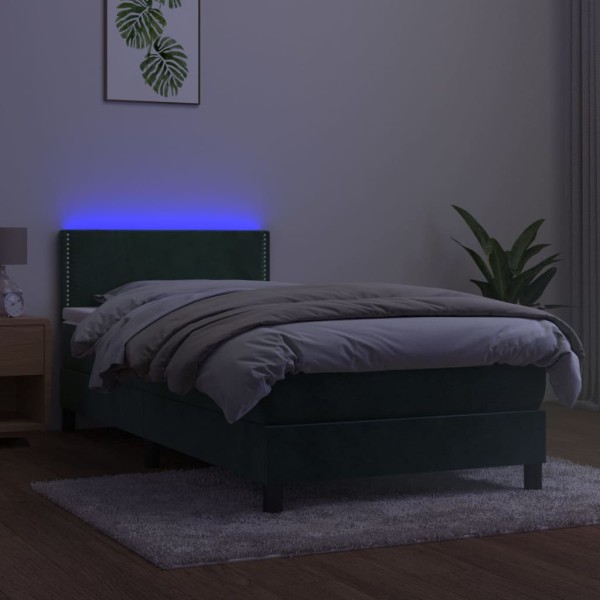 Cama box spring colchón y LED terciopelo verde oscuro 100x200cm