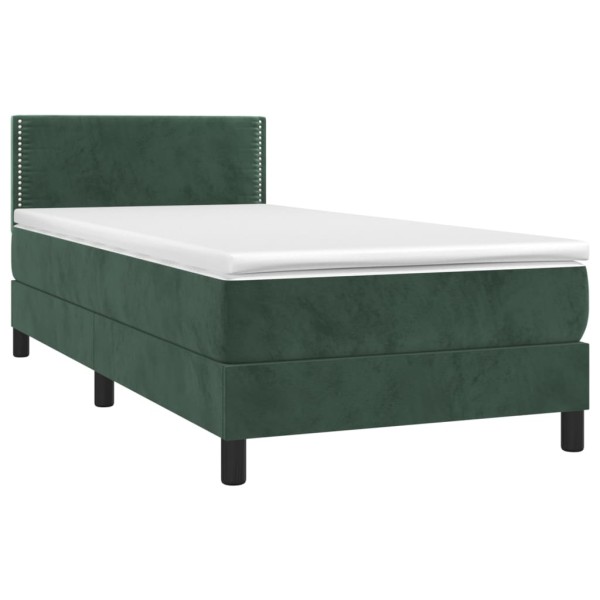 Cama box spring colchón y LED terciopelo verde oscuro 90x190 cm