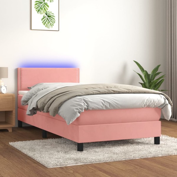 Cama box spring colchón y LED terciopelo rosa 90x200 cm