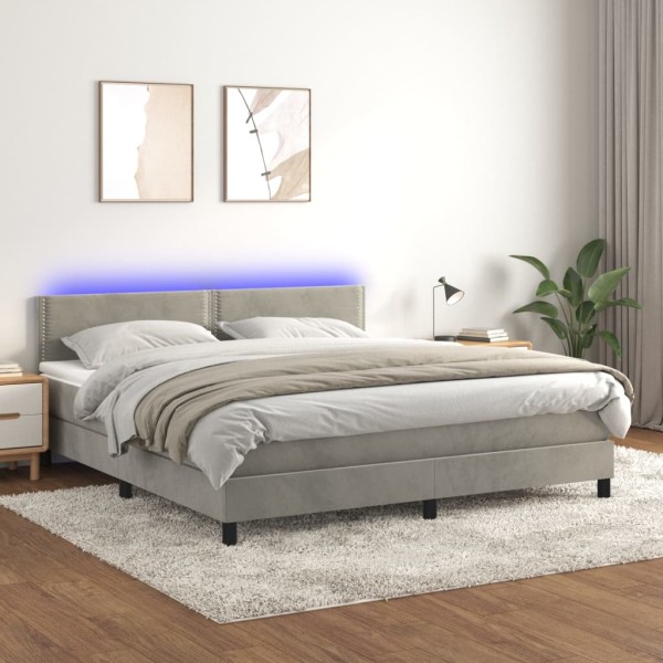 Cama box spring colchón y LED terciopelo gris claro 160x200 cm