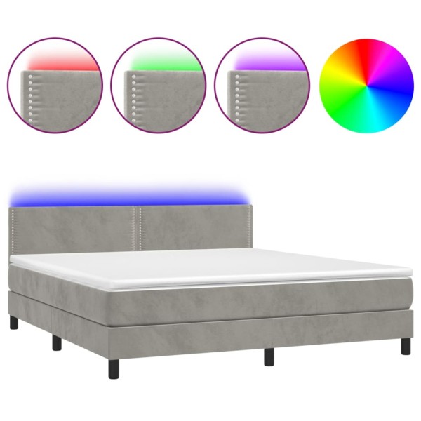 Cama box spring colchón y LED terciopelo gris claro 160x200 cm