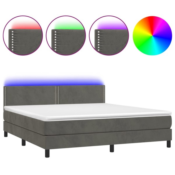 Cama box spring colchón y LED terciopelo gris oscuro 180x200 cm