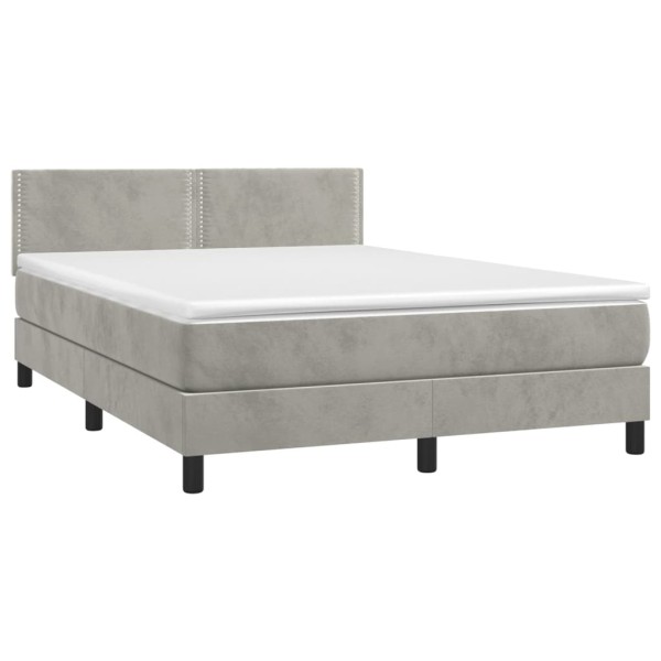 Cama box spring colchón y LED terciopelo gris claro 140x200 cm