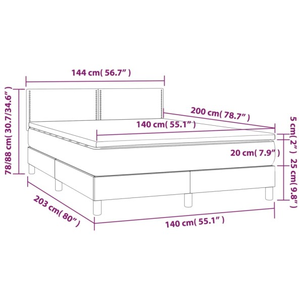 Cama box spring colchón y LED terciopelo gris claro 140x200 cm