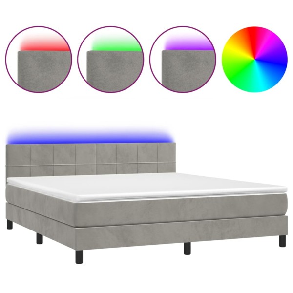 Cama box spring colchón y LED terciopelo gris claro 180x200 cm