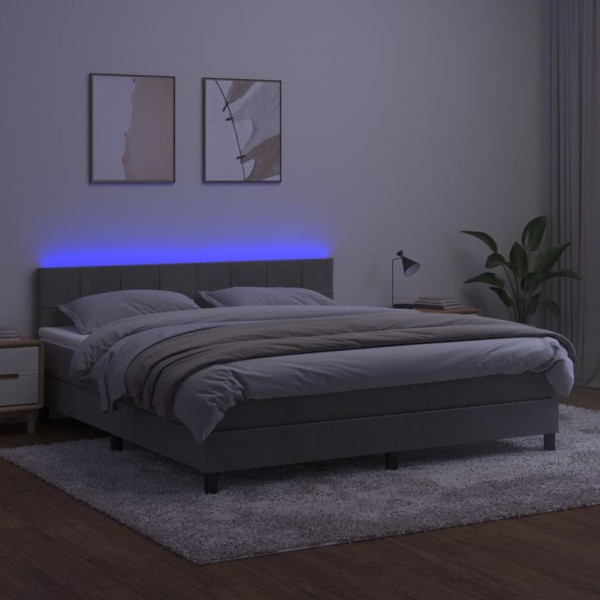 Cama box spring colchón y LED terciopelo gris claro 180x200 cm