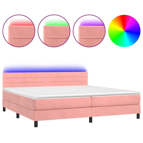 Cama box spring colchón y LED terciopelo rosa 200x200 cm