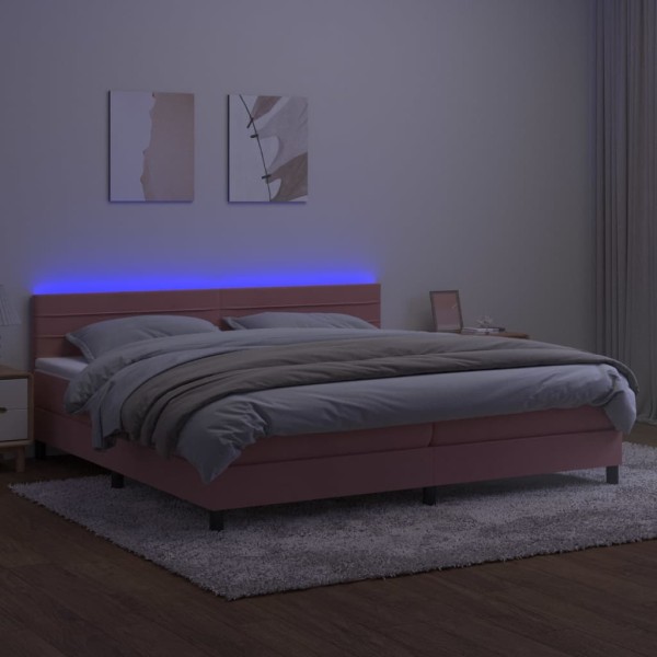 Cama box spring colchón y LED terciopelo rosa 200x200 cm