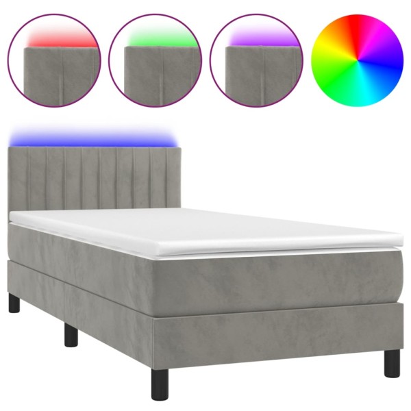 Cama box spring colchón y LED terciopelo gris claro 90x190 cm