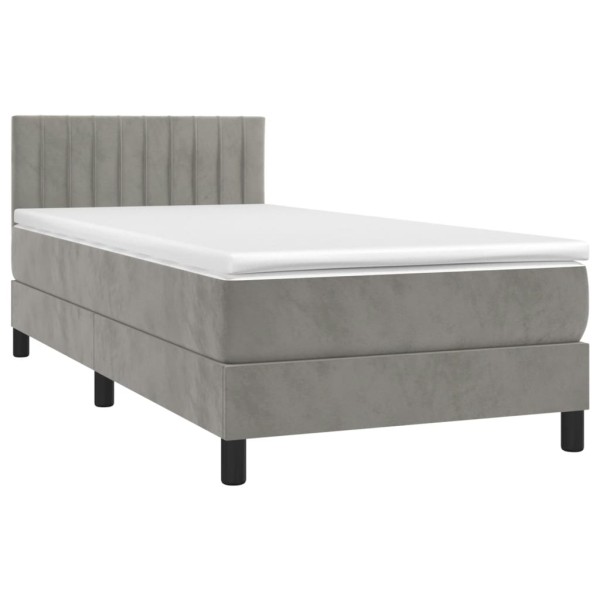 Cama box spring colchón y LED terciopelo gris claro 90x190 cm