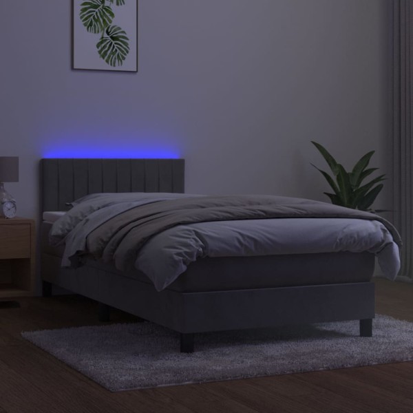 Cama box spring colchón y LED terciopelo gris claro 90x190 cm