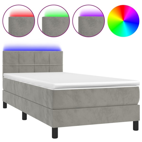 Cama box spring colchón y LED terciopelo gris claro 100x200 cm