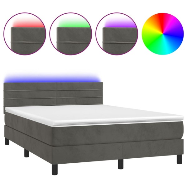 Cama box spring colchón y LED terciopelo gris oscuro 140x190 cm