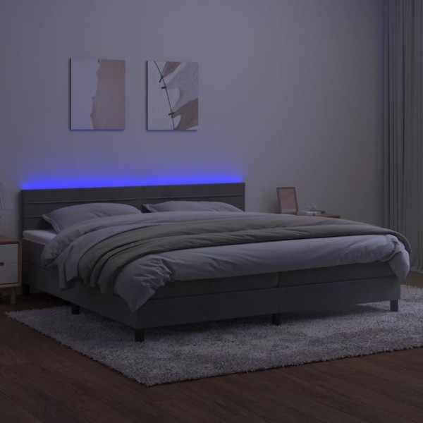 Cama box spring colchón y LED terciopelo gris claro 200x200 cm