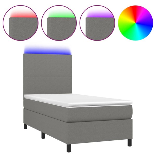 Cama box spring colchón y luces LED tela gris oscuro 100x200 cm